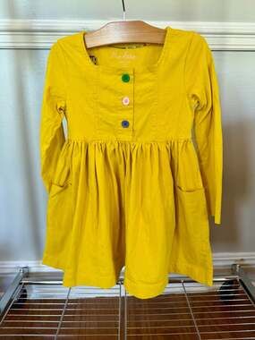 Mini Boden Girls Yellow Long Sleeve Jersey Dress with Rainbow Buttons
